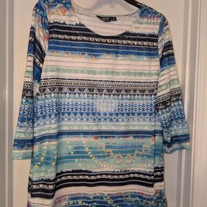 Onque Casuals Blue, Aqua & White Patterned Scoop Neck Blouse